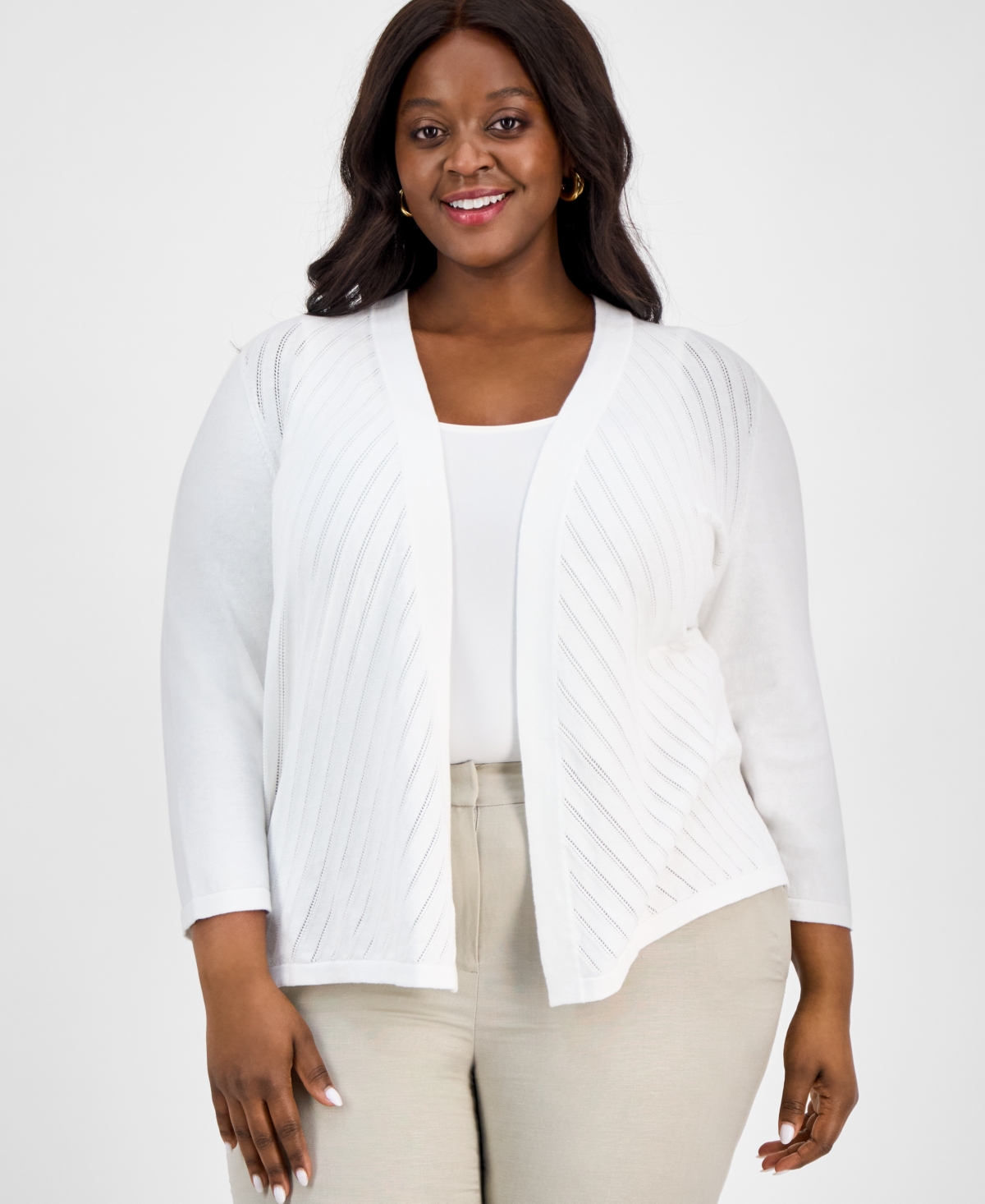 Kasper Plus Size Diagonal Stitch Open-front Cardigan In Lily White