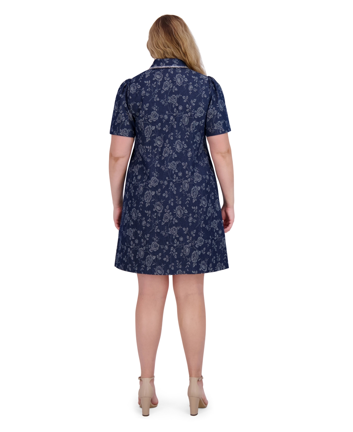 ELIZA J PLUS SIZE EMBELLISHED FLORAL DENIM SHIRTDRESS 