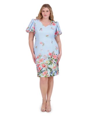 Eliza J - Plus Size Printed V-Neck Puff-Sleeve Dress