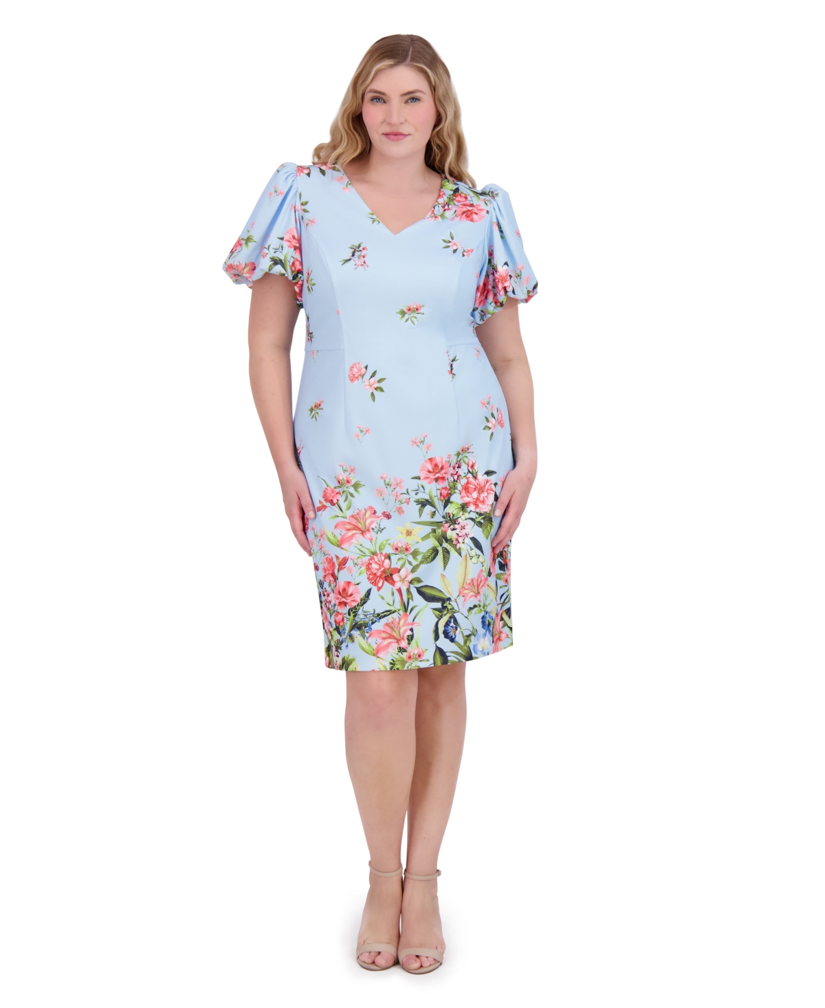 ELIZA J PLUS SIZE PRINTED V-NECK PUFF-SLEEVE DRESS 