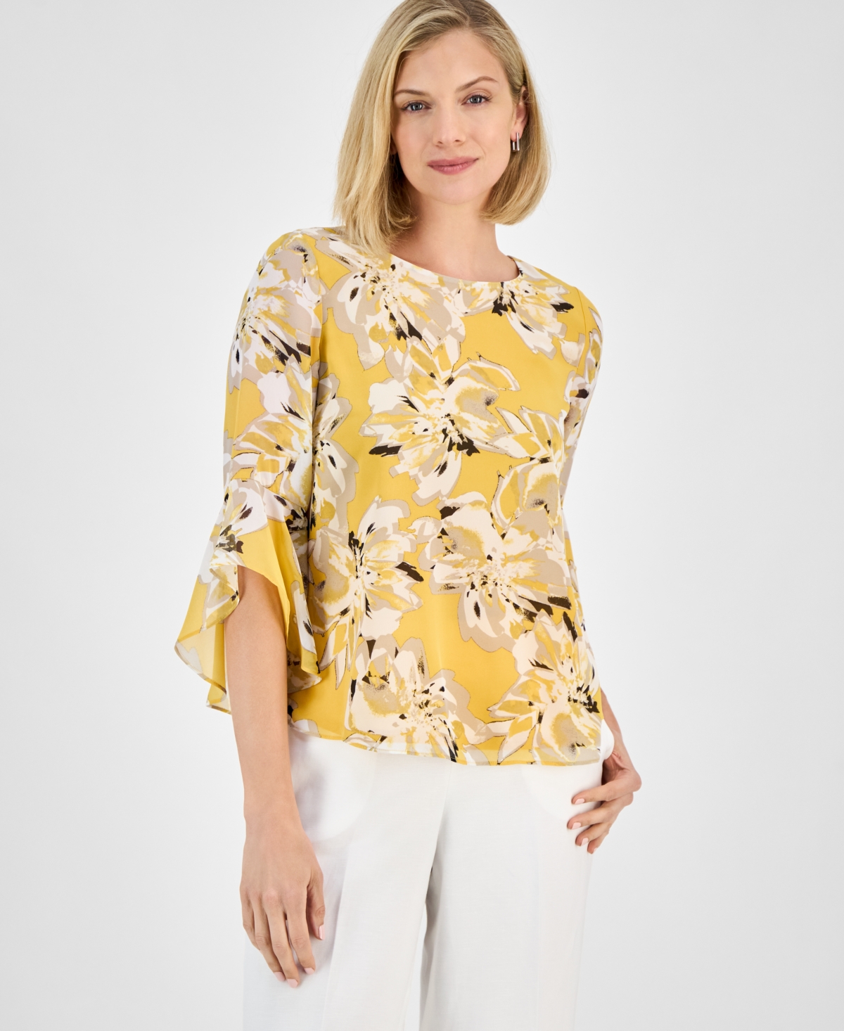 Women's Printed Ruffled Bell-Sleeve Top, Regular & Petite - Butterscotch Multi