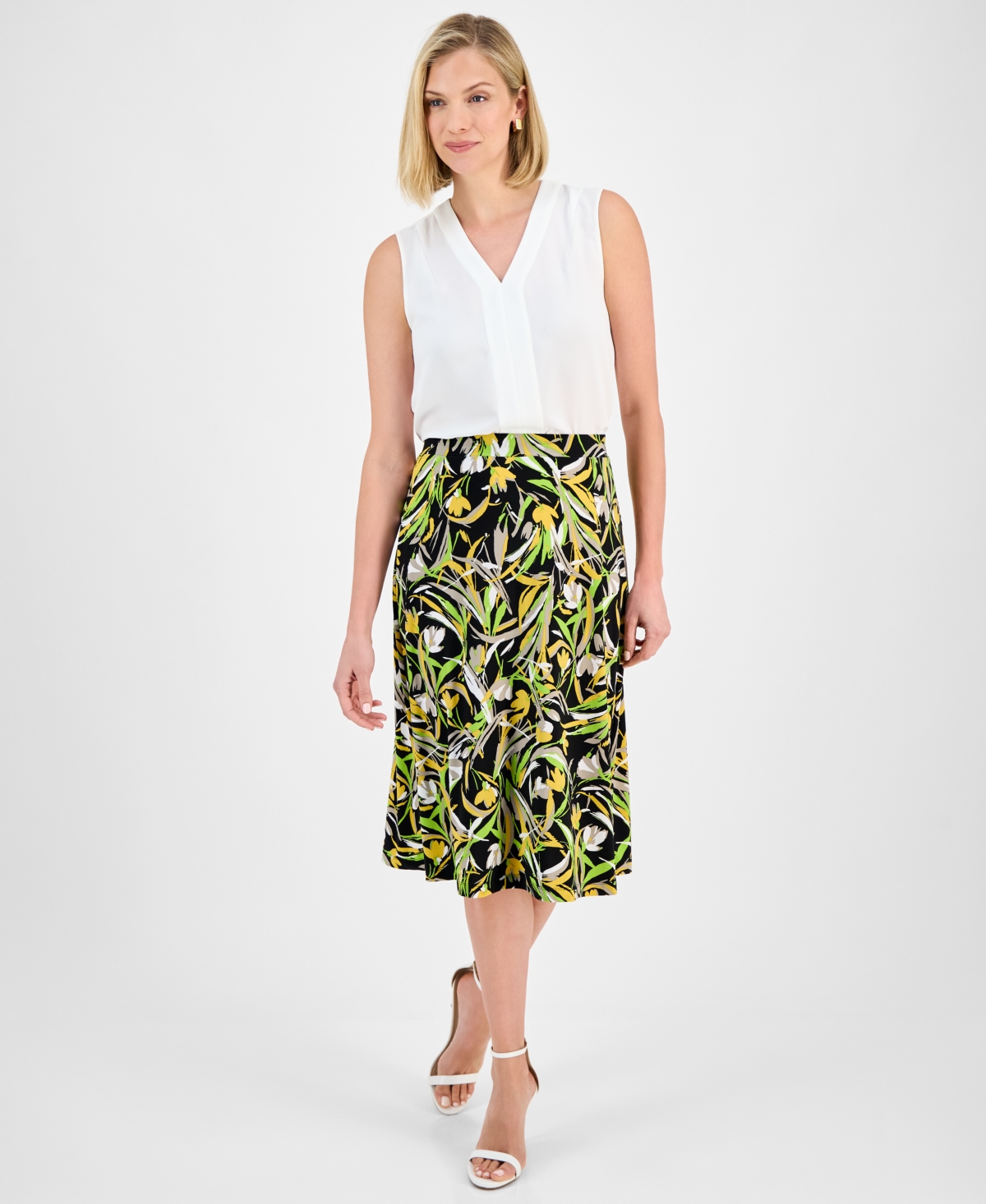 Women's Printed Pull-On Midi Skirt - Black Multi