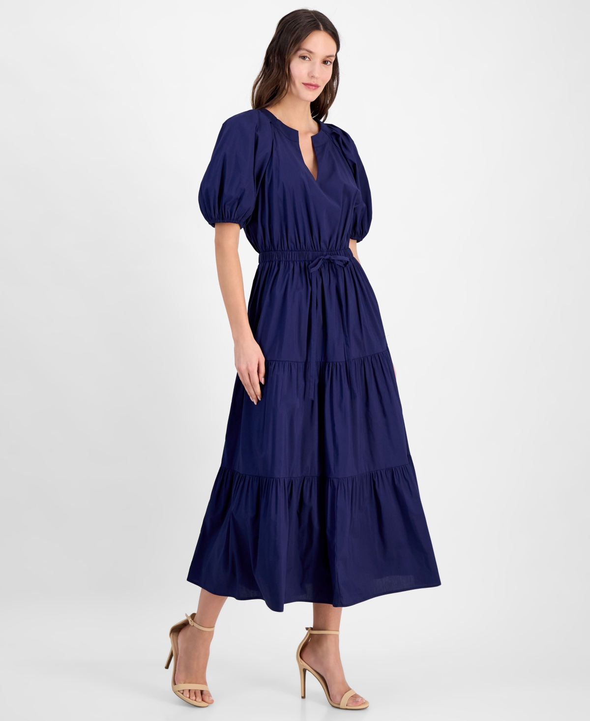 Anne Klein Petite Puff-sleeve Tiered Denim Midi Dress In Blue