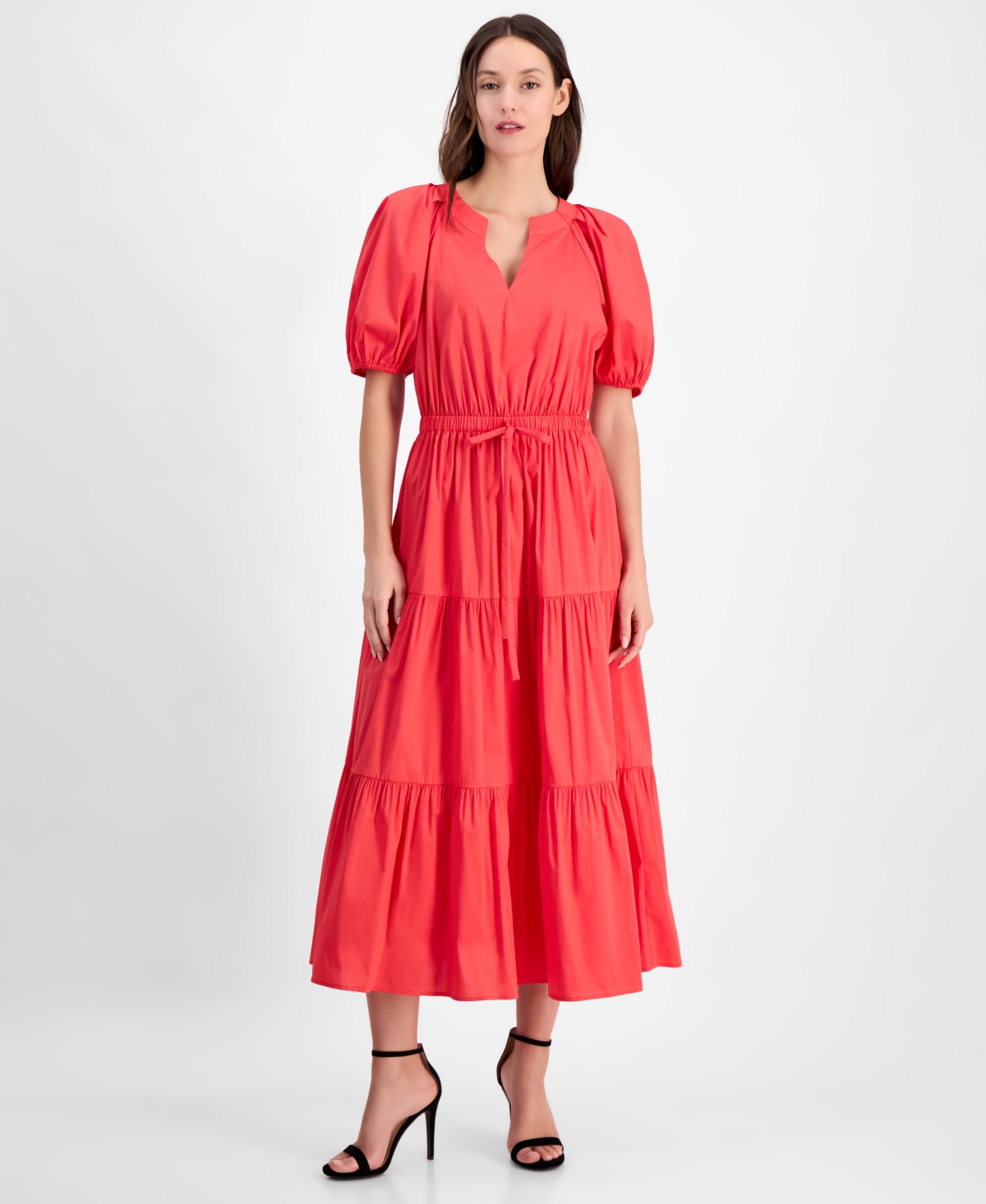 Women's Tiered Tie-Waist Puffed-Sleeve Dress - Hibiscus Red