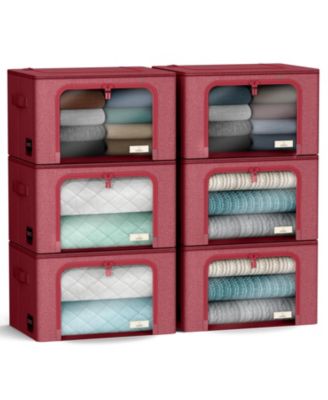 6 Pack Medium Foldable Storage Box - Metal Frame, Oxford Fabric, Large Window & Handles - Organization for Bedroom, Linens & Clothes