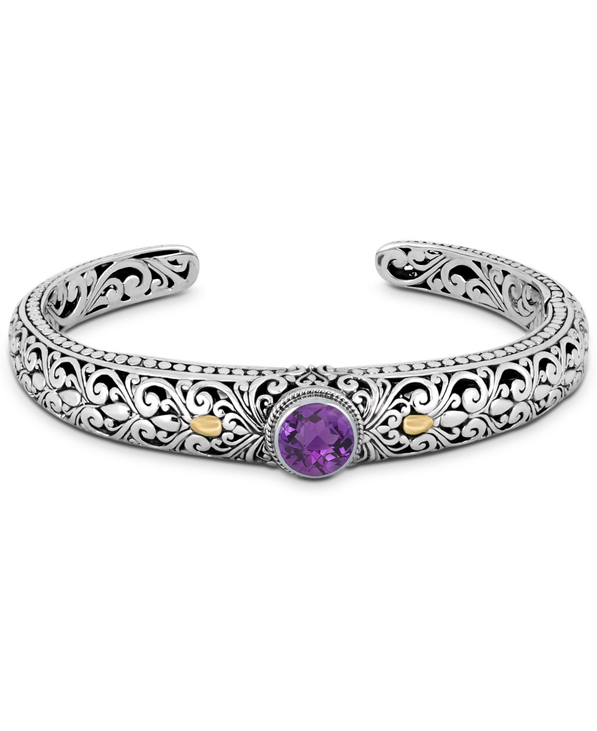Amethyst & Bali Filigree Cuff Bracelet in Sterling Silver and 18K Gold Accents, Small - Silver, gold, purple