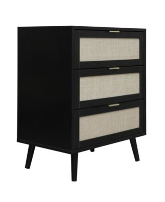 3 Drawer Storage Cabinet Rattan Dressers Chest of Drawers Entryway Cabinet Fluted Nightstand Bedside Table Dresser for Bedroom Living Room, Black