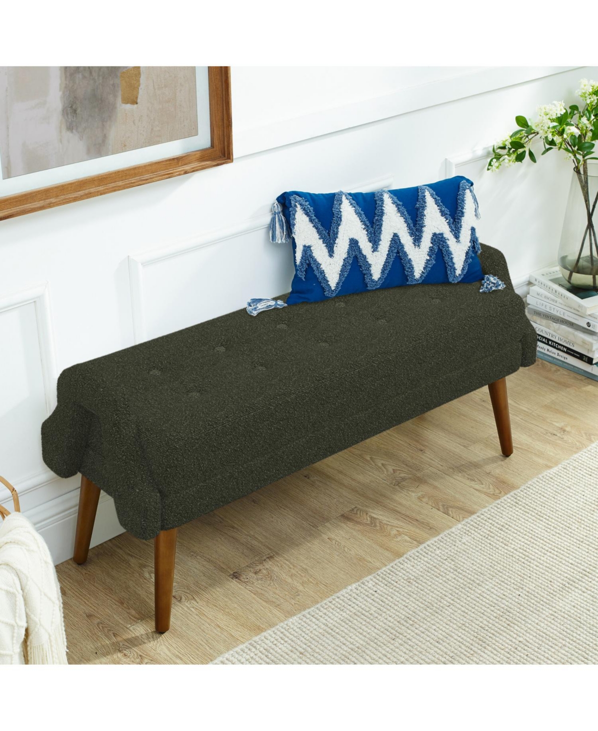 Streamdale Modern Loop Yarn Bench with Geometric Arms and Cushion