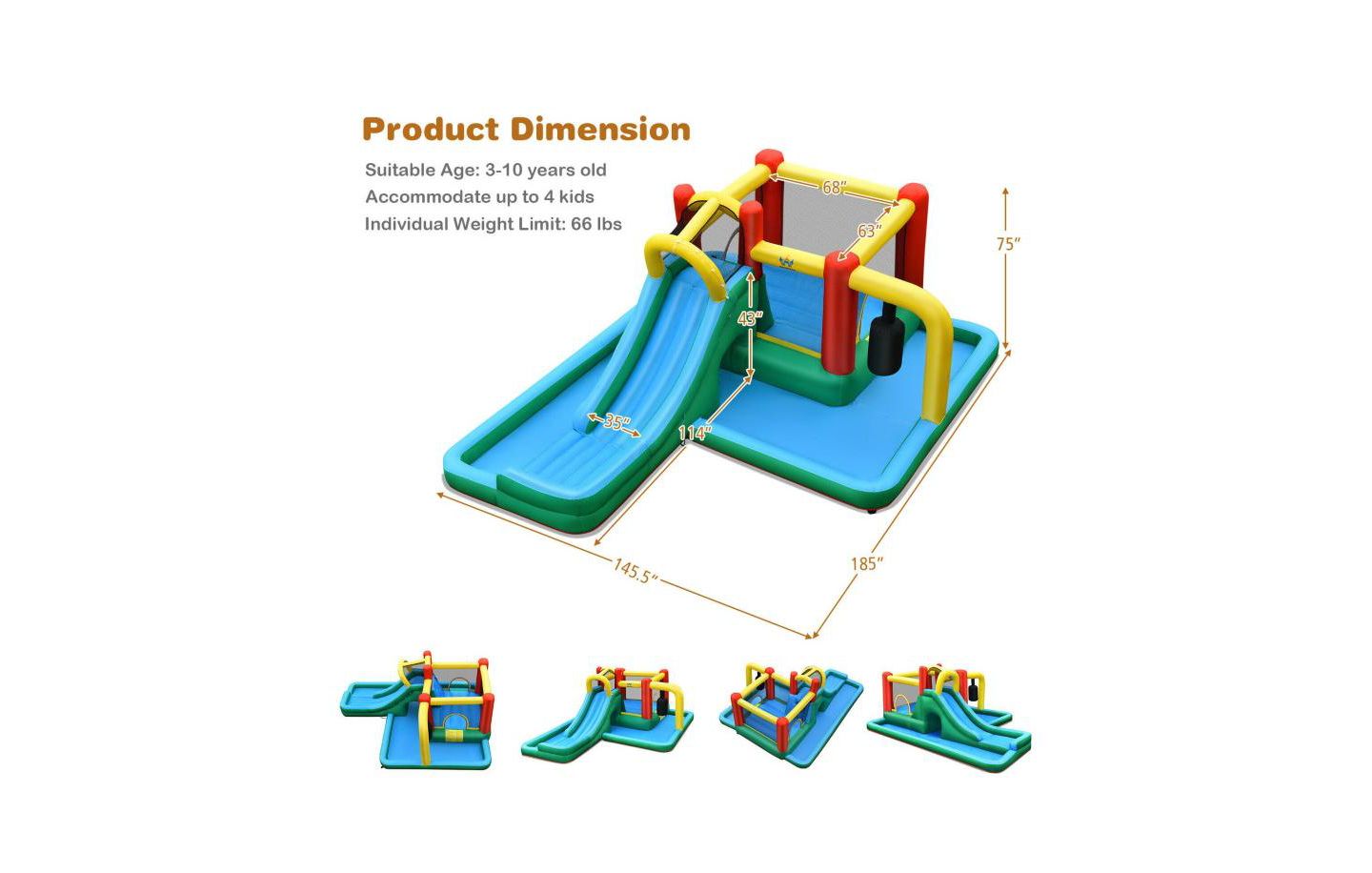 Детская игрушка Slickblue Inflatable Water Slide with Climbing Wall & Bounce House Playset, Accommodates 4 Kids, 3–10 лет, цвет: Синий / Жёлтый — фото 3
