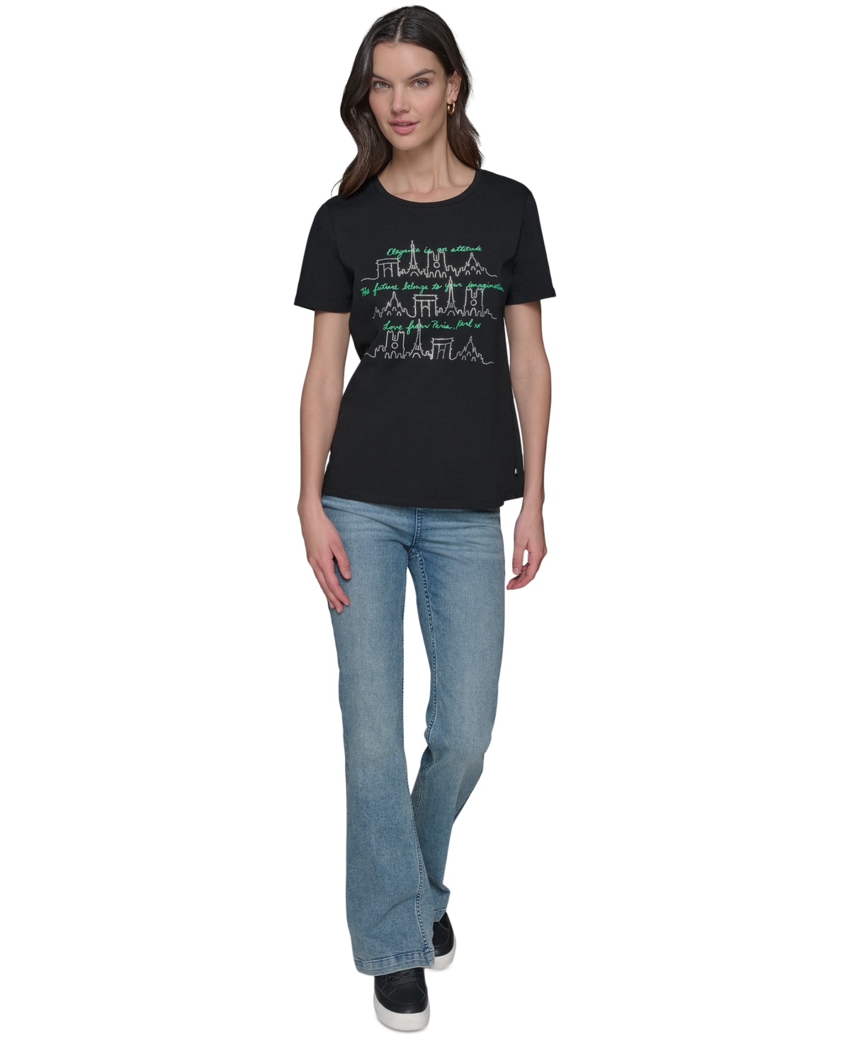 Karl Lagerfeld Women's Rhinestone Paris Skyline Graphic T-shirt In Black  Flore Green