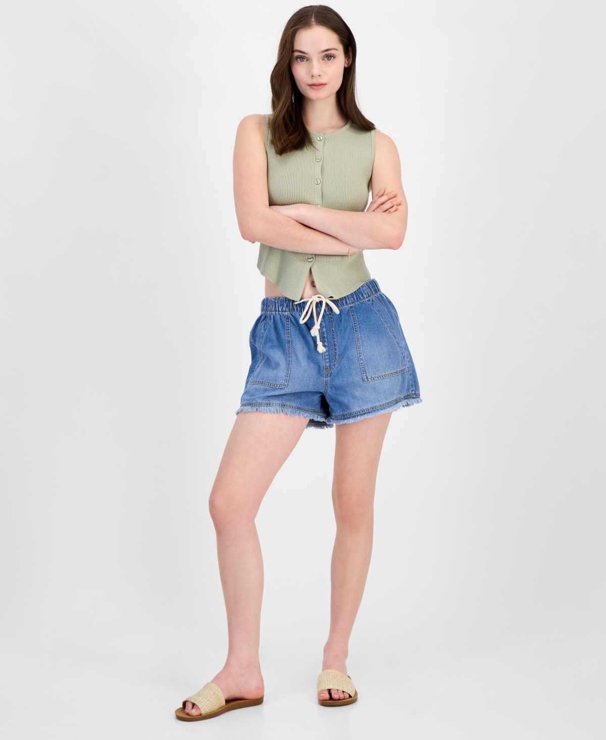Celebrity Pink Juniors' Pull-on Utility Chambray Shorts In Medium Wash