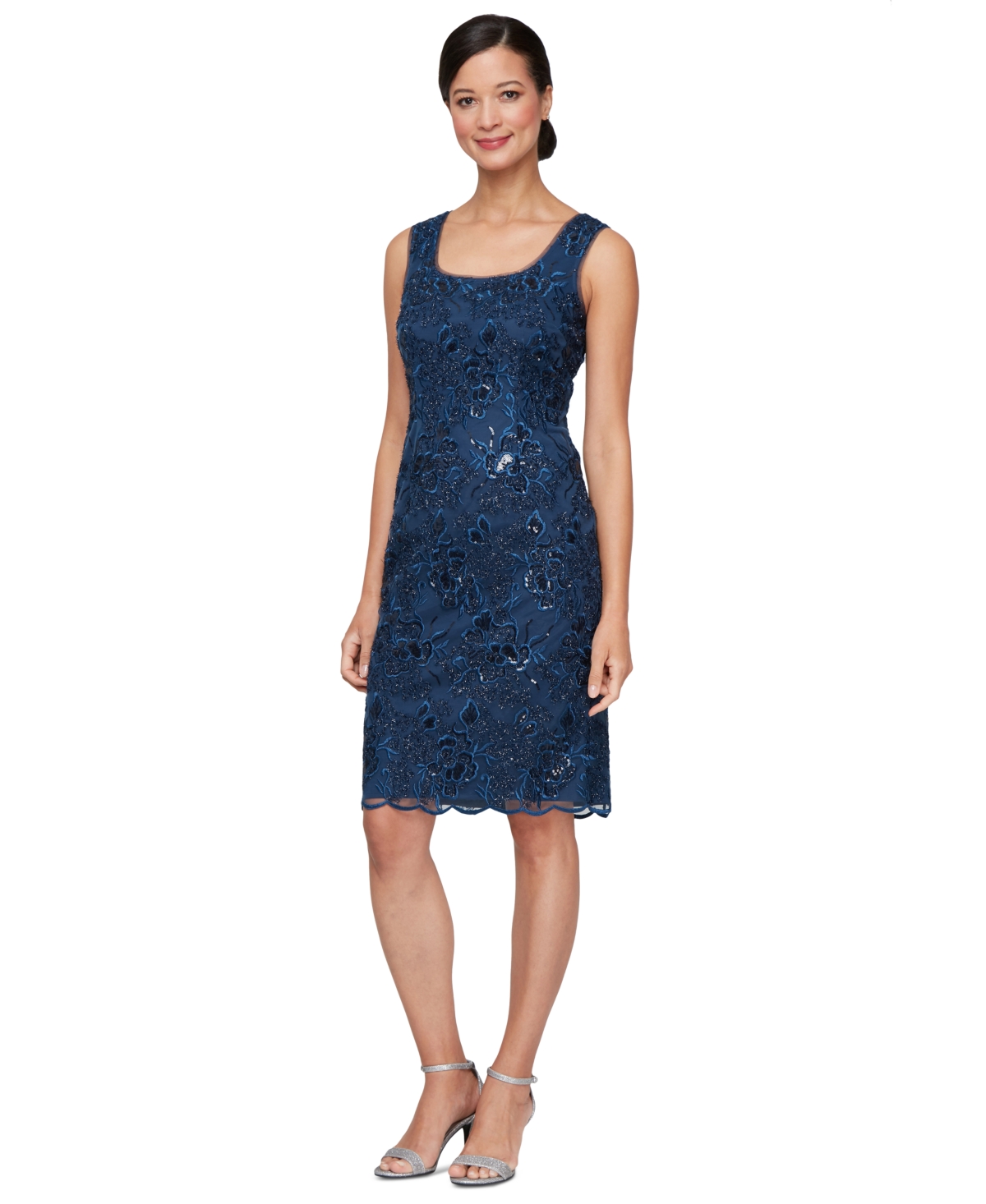 Alex Evenings Sequin Embroidered Floral Sleeveless Sheath Dress With Jacket In Navy
