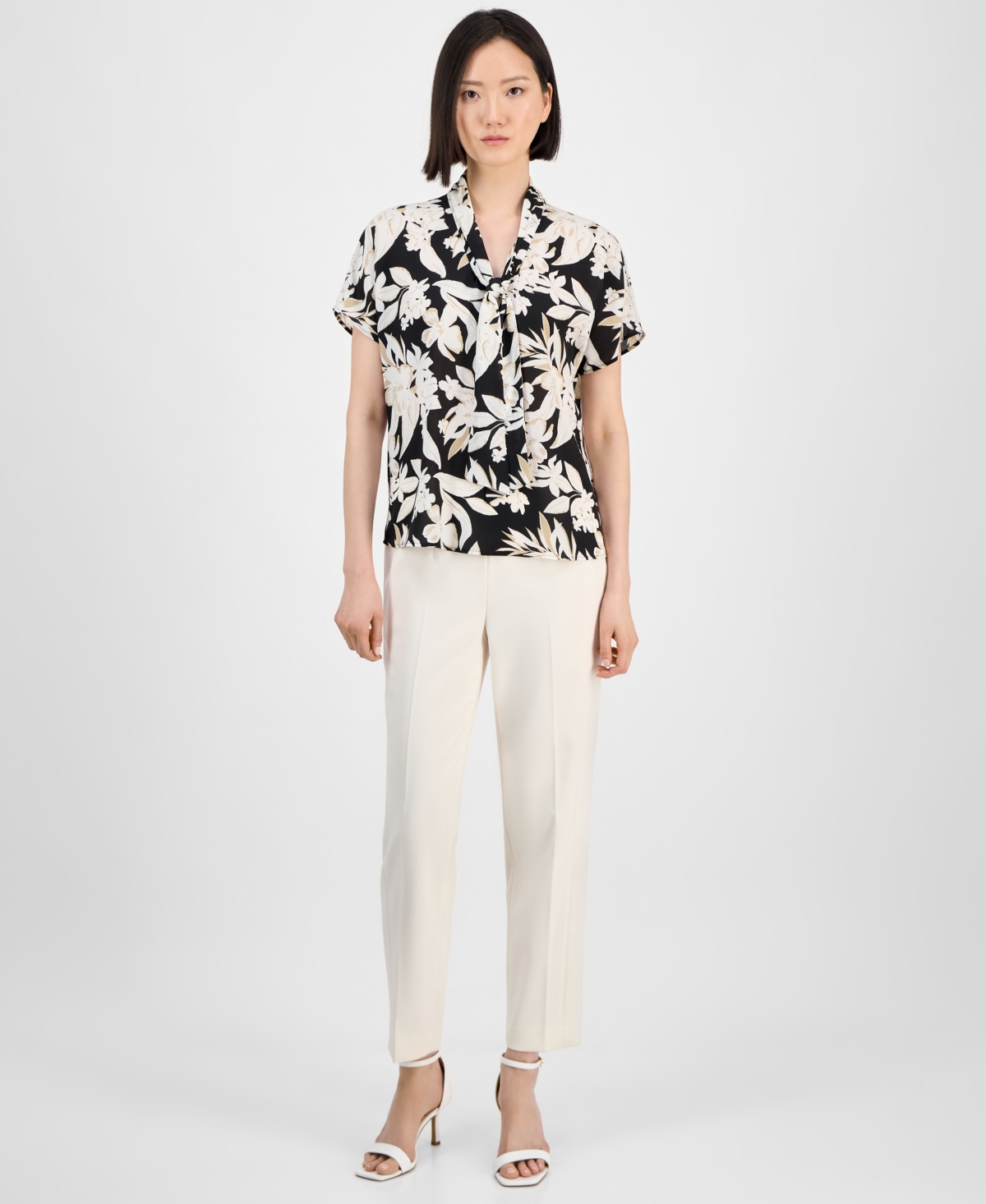 Anne Klein Pussybow Dolman Sleeve Top In Black Mutli