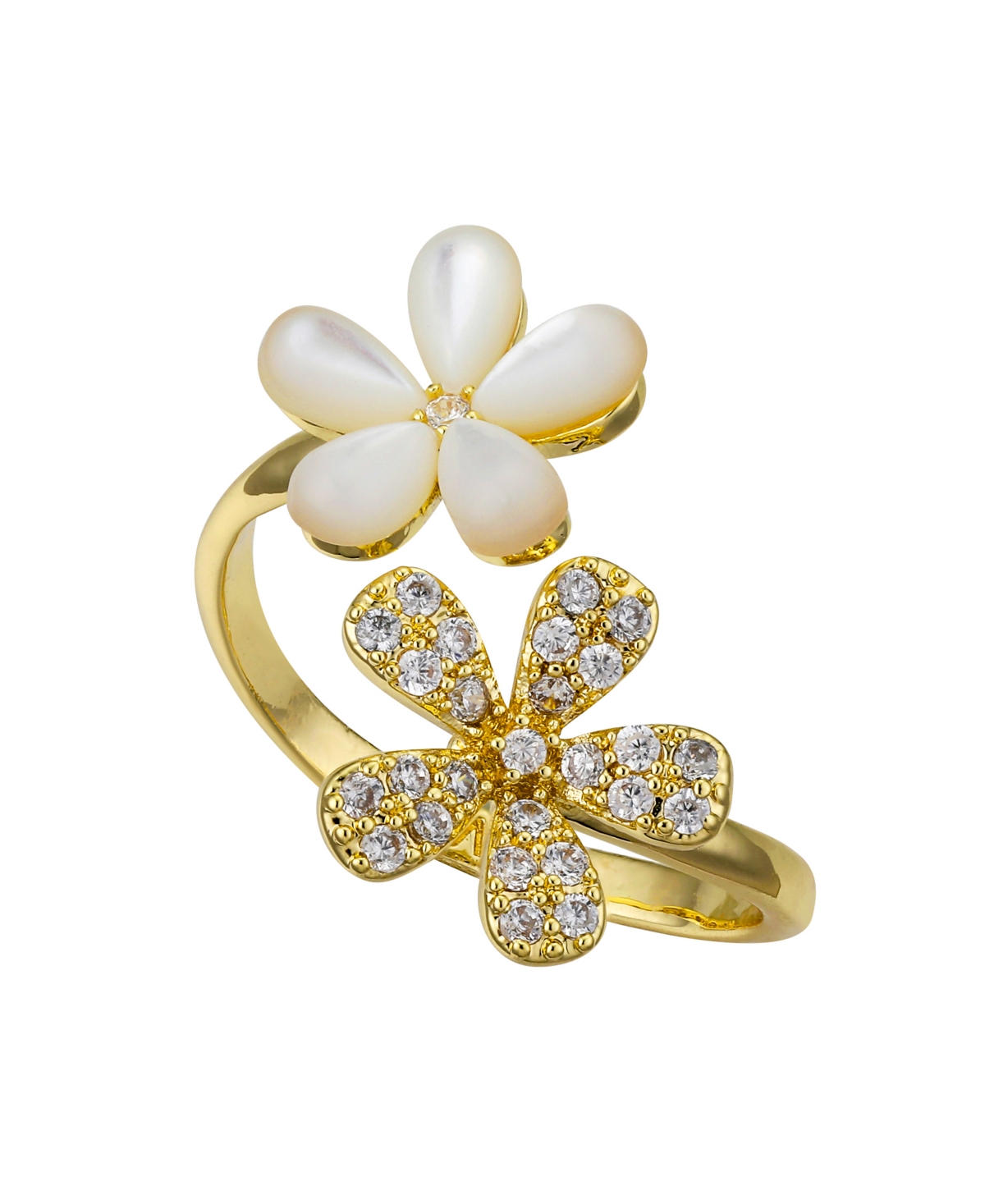 Cubic Zirconia Mother of Pearl Flower Bypass Ring - Gold