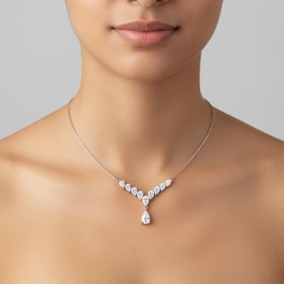 Sterling Silver White Gold Plated with Clear Graduated Cubic Zirconia Y-Necklace