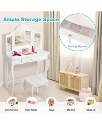 Kids Makeup Dressing Mirror Vanity Table Stool Set