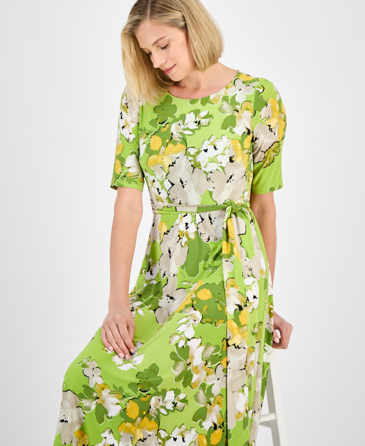 Kasper Plus Size Printed Tie-waist Midi Dress In Kiwi Multi