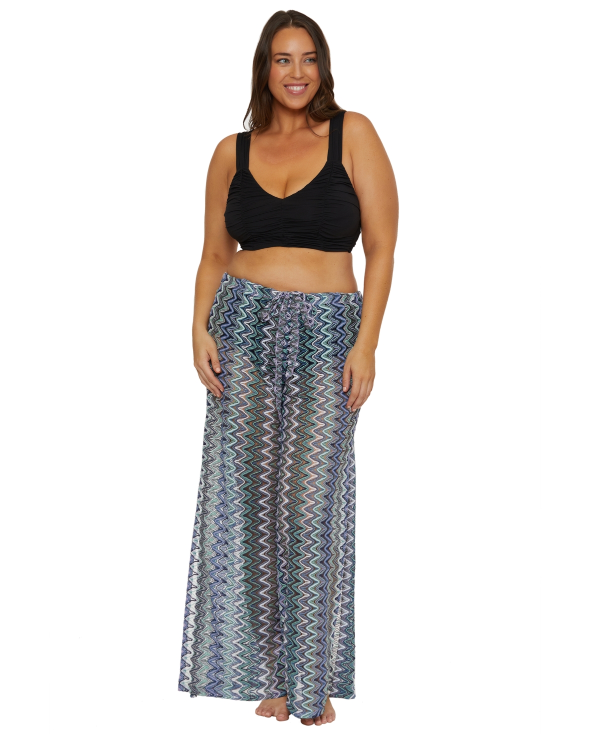 BECCA ETC PLUS SIZE SUNDOWN STRIPE CROCHET SPLIT-LEG PANTS SWIM COVER-UP 
