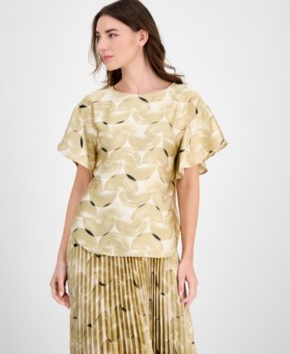 Anne Klein - Women's Printed Boat-Neck Flutter-Sleeve Top