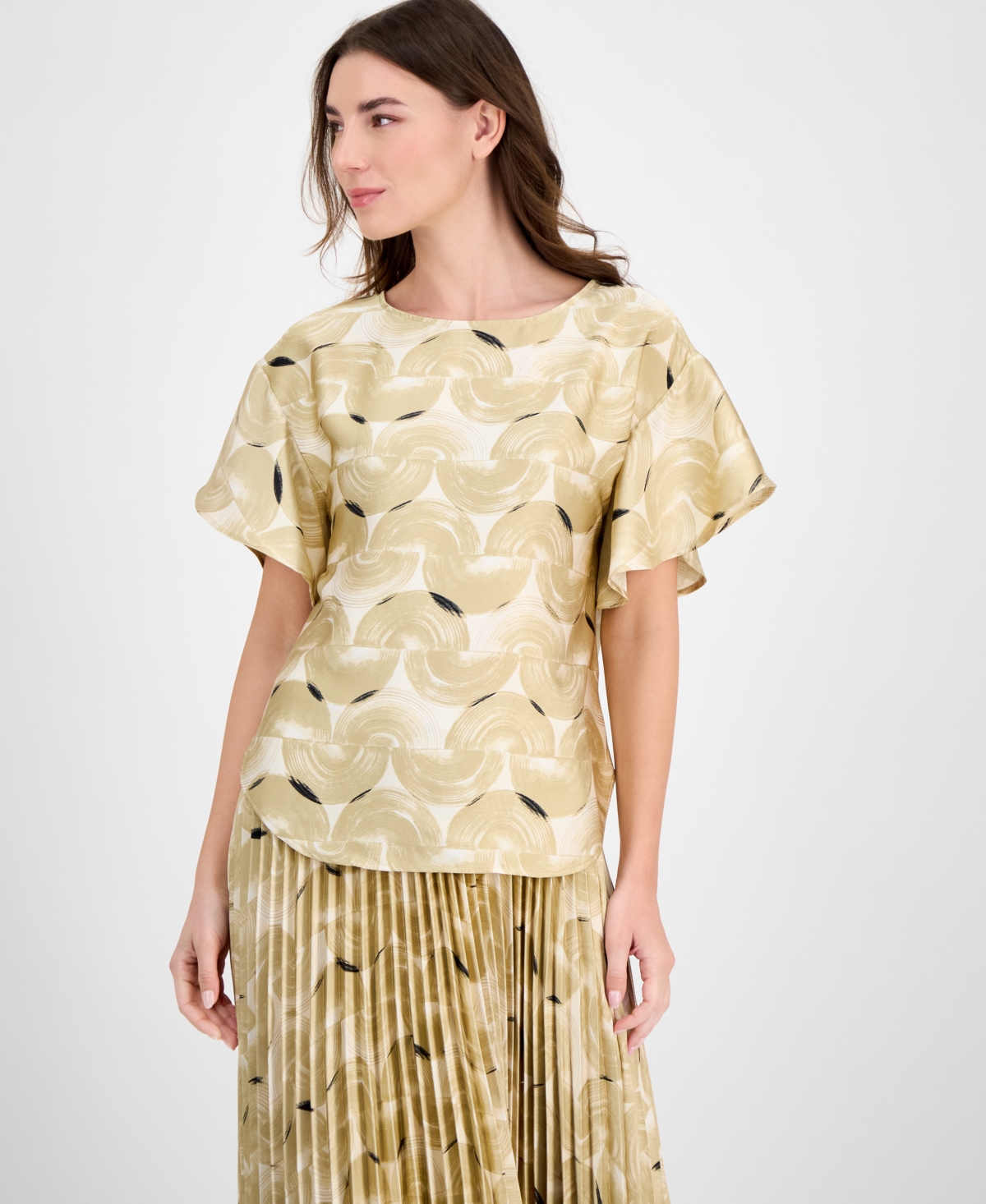 Anne Klein Plus Size Printed Flutter-sleeve Blouse In Multi