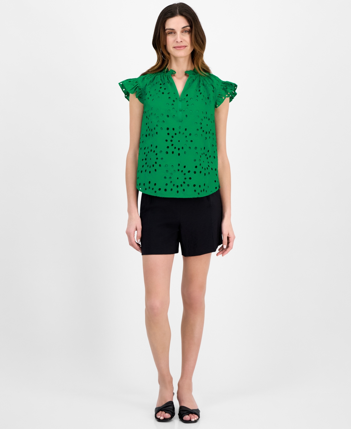 Shop Anne Klein Women's Cotton Flutter-sleeve Eyelet Blouse