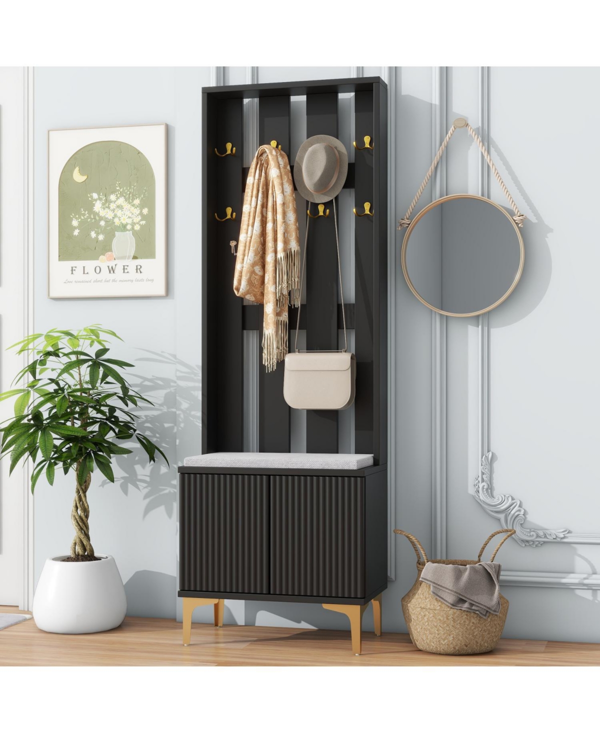 4-in-1 Hall Tree with Fluted Doors and Gold Accents - Black