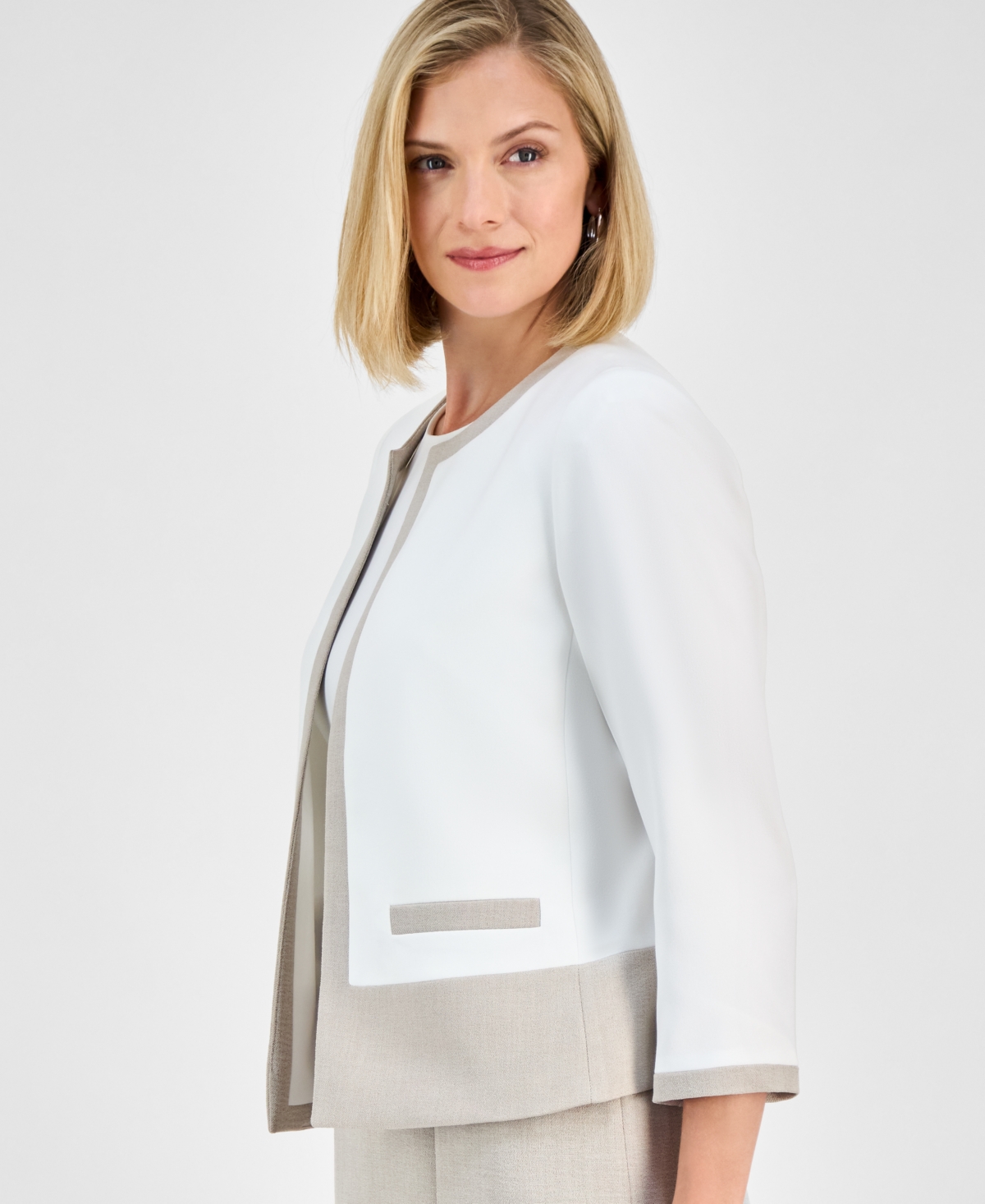 Kasper Womens Colorblocked Open Front Jacket Sheath Dress In Lily White,summer Straw