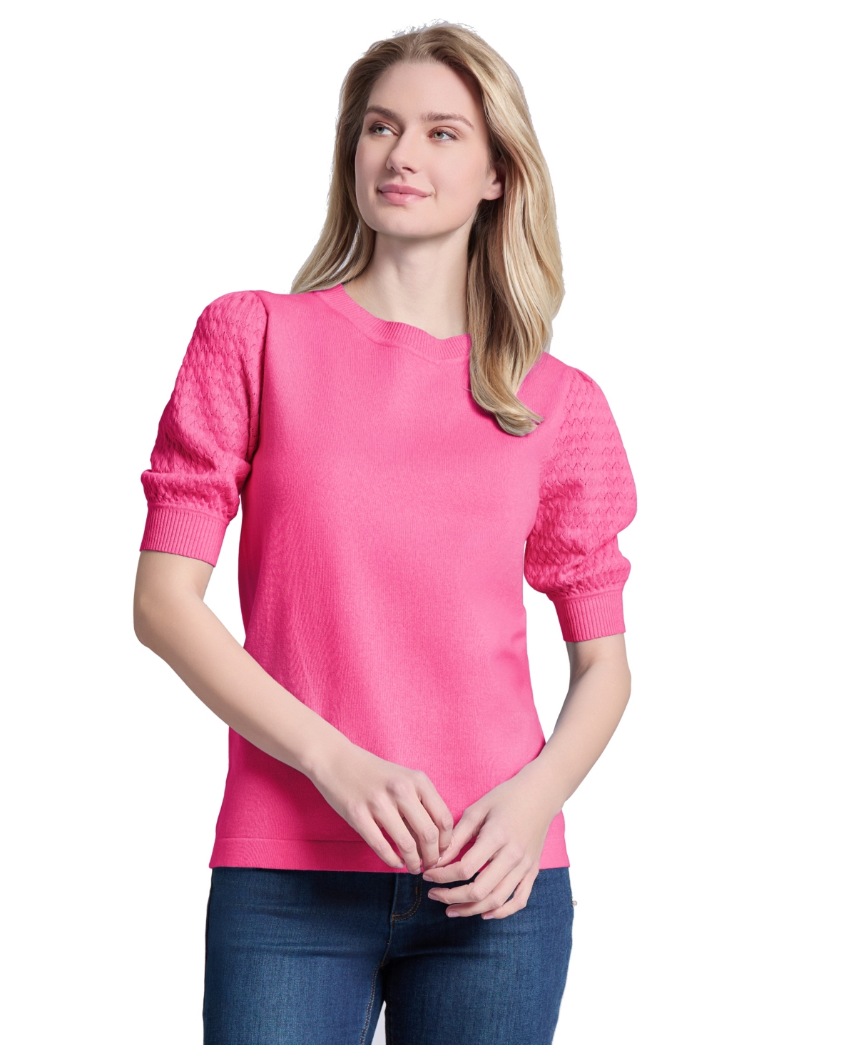 Women's Stitch Puff Sleeve Crewneck Sweater - Azalea