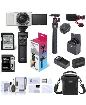 Sony ZV-E10 Mirrorless Vlog Camera with 16-50mm Lens, White - Bundle with Vlogger Kit, 128GB SD Card, Shoulder Bag, Screen Protector, Mic,