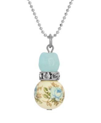 Silver-Tone Blue Rose Bead Drop Necklace