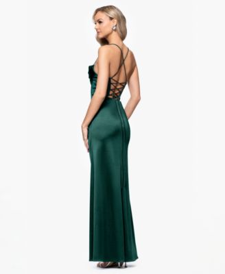 Juniors' Satin Corset-Waist Draped-Neck Gown