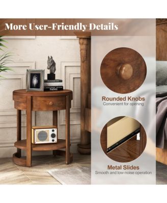 2-Piece Wood Nightstand Set with Shelf and Wood Grain Drawer – Round End Table for Living Room