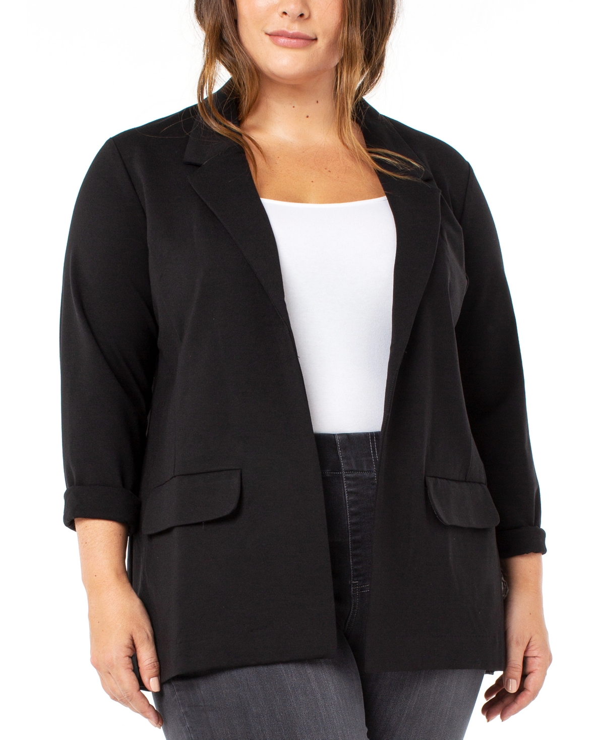 Plus Size Cuffed Open-Front Blazer - Black
