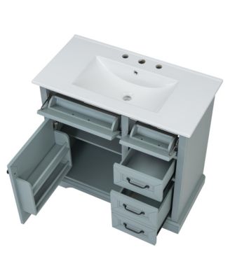 36" Rubberwood & MDF Tip-Out Drawers & Soft-Close Doors Bathroom Vanity with Ceramic Sink