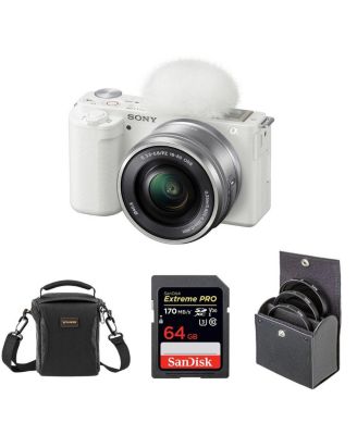 Sony ZV-E10 APS-C Mirrorless Interchangeable Lens Vlogging Camera with 16-50mm Lens, White - Bundle with 64GB SD Card, Shoulder Bag, 40.5mm