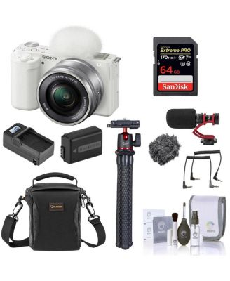 Sony ZV-E10 Mirrorless Vlog Camera with 16-50mm Lens, White - Bundle with 64GB SD Card, Shoulder Bag, Mic, Tripod, Extra Battery, Charger, 40.5mm