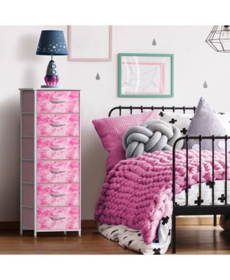 Narrow 6 Drawers Nightstand with Steel Frame, Wood Top, Easy Pull Fabric Bins