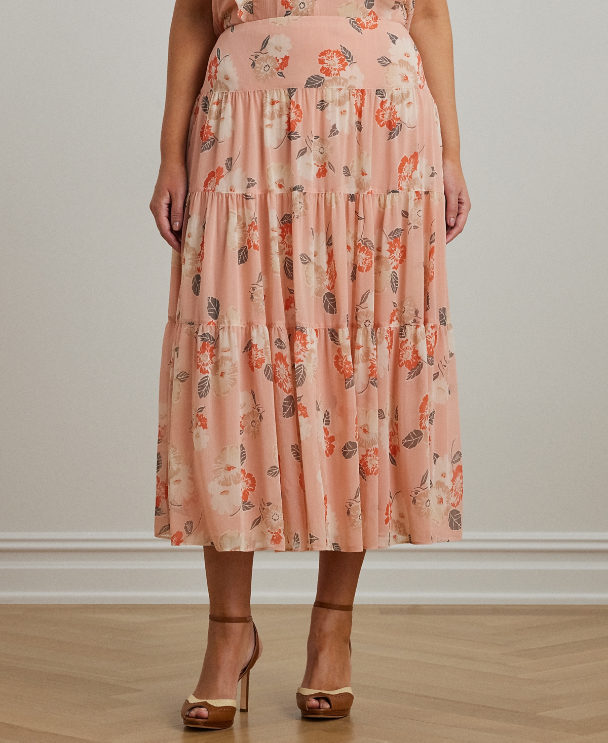 RALPH LAUREN PLUS SIZE FLORAL CRINKLE GEORGETTE TIERED SKIRT 