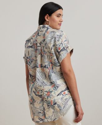 ラルフ・ローレン Lauren Ralph Lauren Plus Size リラックスフィット Linen Short-Sleeve Shirt レ Lauren Ralph Lauren Plus Size Linen Point Collar Short