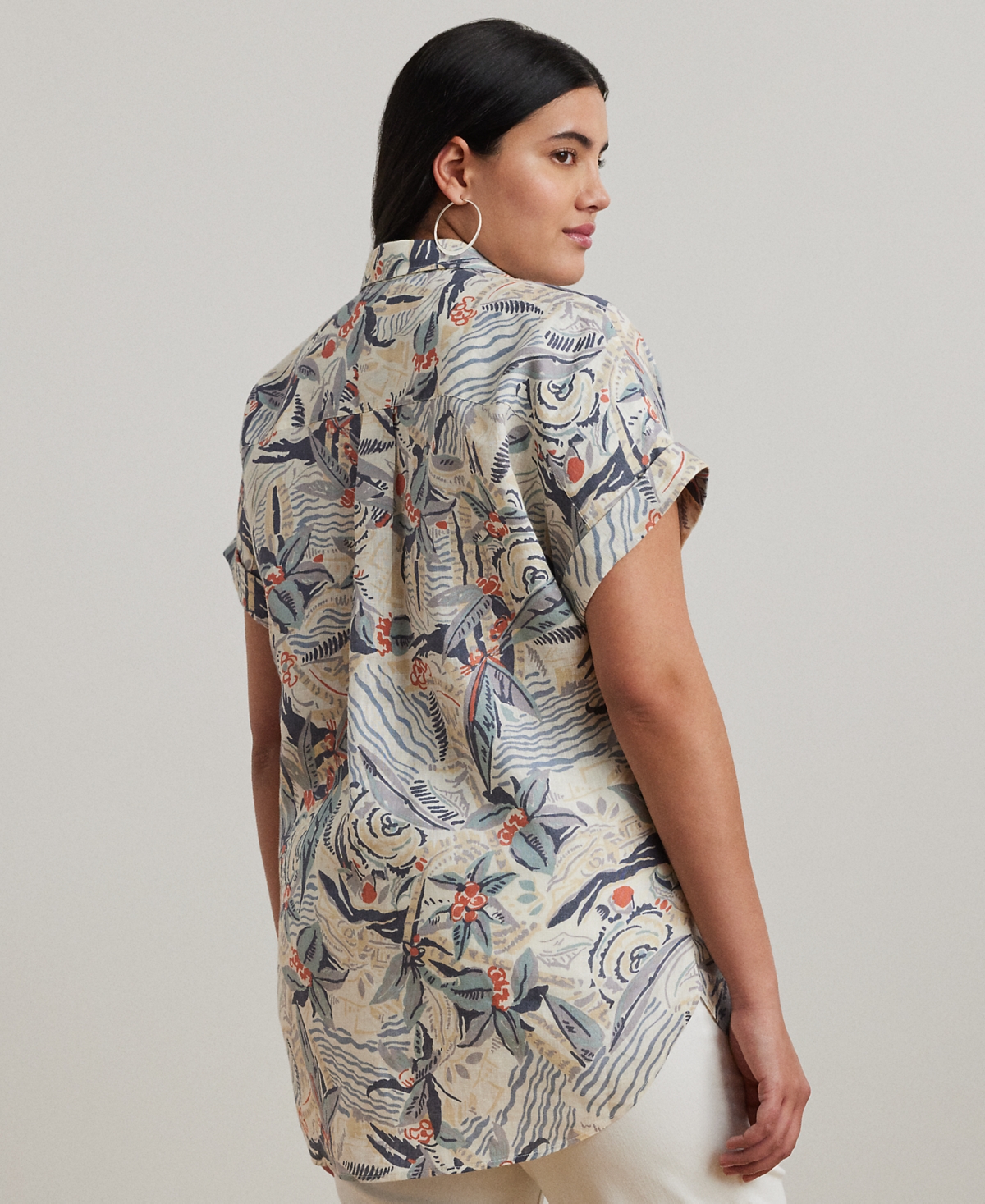 Ralph Lauren Plus Size Relaxed-fit Print Short-sleeve Linen Shirt In Cream Multi