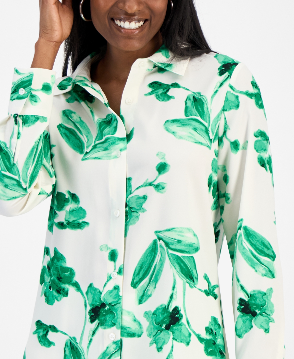 Bar Iii Womens Printed Button Front Blouse Pull On Cropped Pants Exclusively At Macys In Green Chili Multi