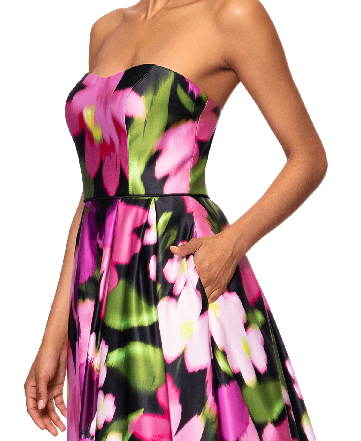 Shop Betsy & Adam Women's Floral Print Strapless Ball Gown In White Multi