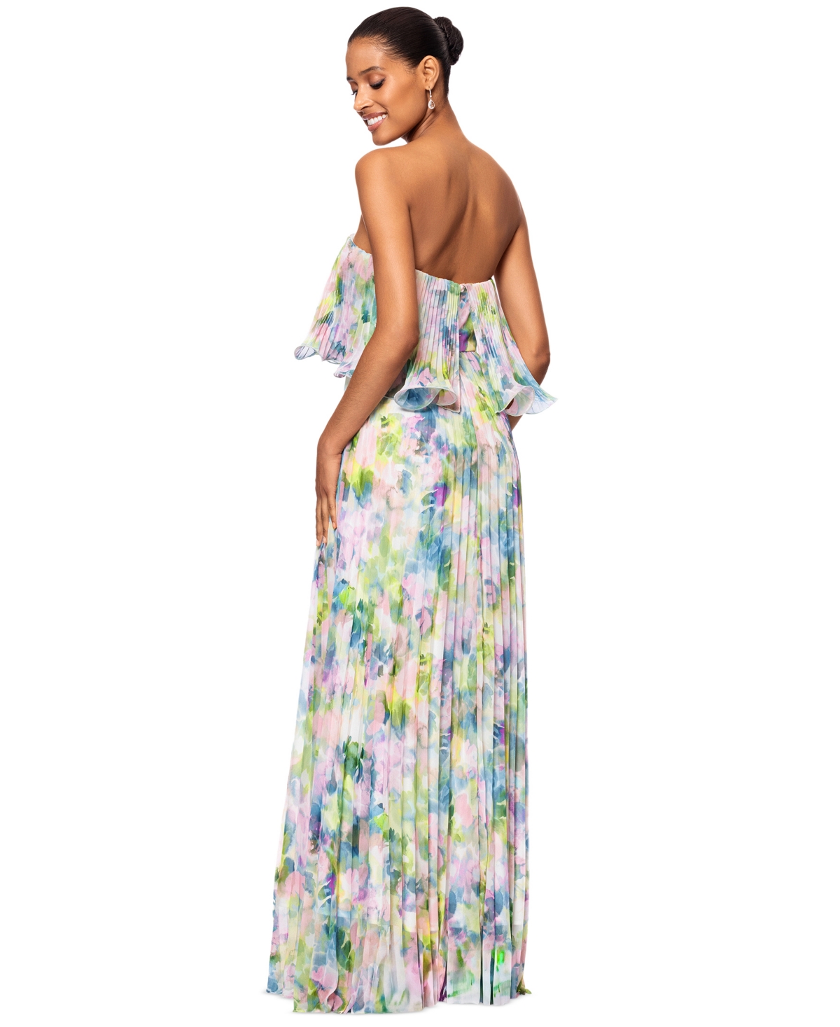 BETSY & ADAM WOMEN'S PRINTED PLEATED STRAPLESS GOWN 