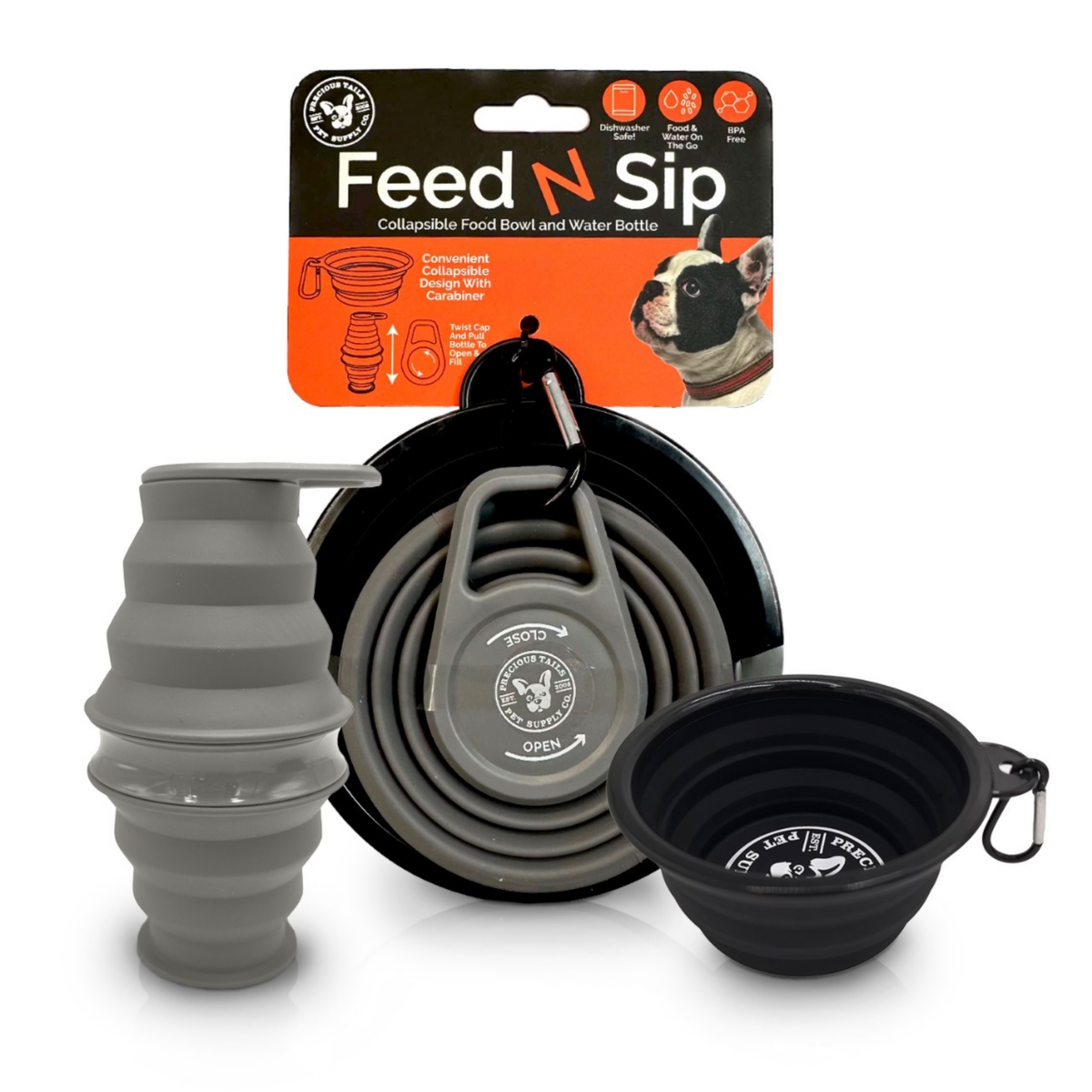 P.t. Supply Co. Feed N Sip 2-in-1 Collapsible Dog Bowl and Water Bottle, Portable Pet Feeding Solution for Travel - Multi-color
