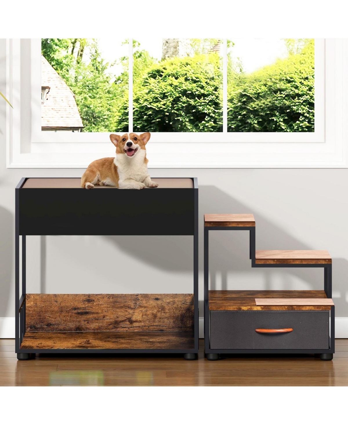 Pet Step Window Perch,Bunk Beds Window Perch for Dogs Bedside Lounge Elevated Dog Bed Multi-Level Platform with sponge, Non-Slip Pad and Storage,Vinta