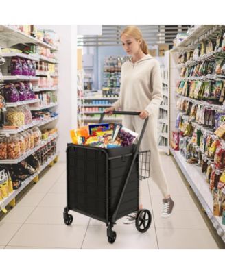Folding Grocery Cart with Wheels, Basket, and Waterproof Liner for Easy Transport