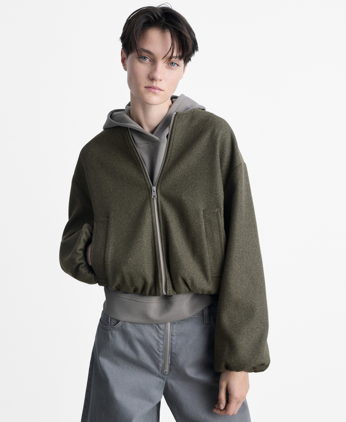 Mango Gathered Waist Bomber Jacket In Khaki