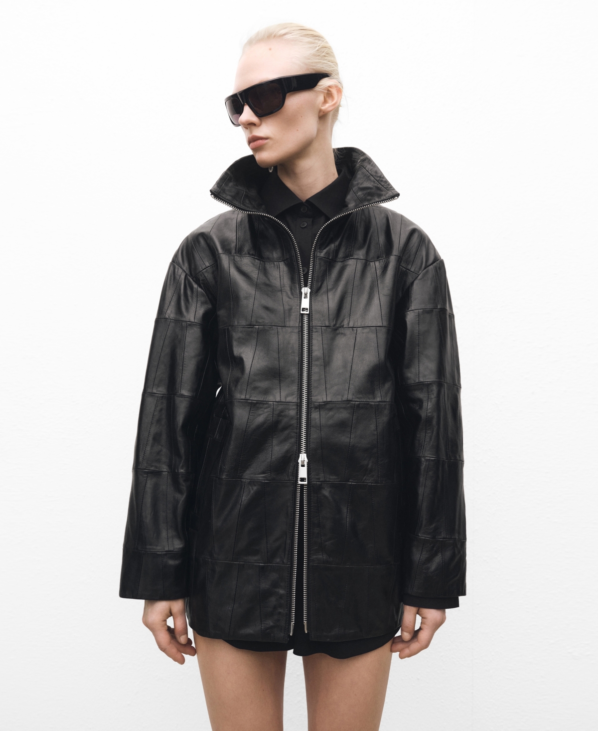 Women's Patchwork Leather Coat - Black