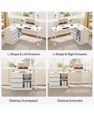 L-Shaped Computer Desk with Drawers and Shelves, Reversible White Corner Office Desk with Storage Cabinet, Study Writing Table for Home Office, Bedroom