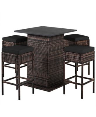 5 Pieces Patio Rattan Bar Furniture Set with Cushions and Hidden Storage Shelf For Outdoor